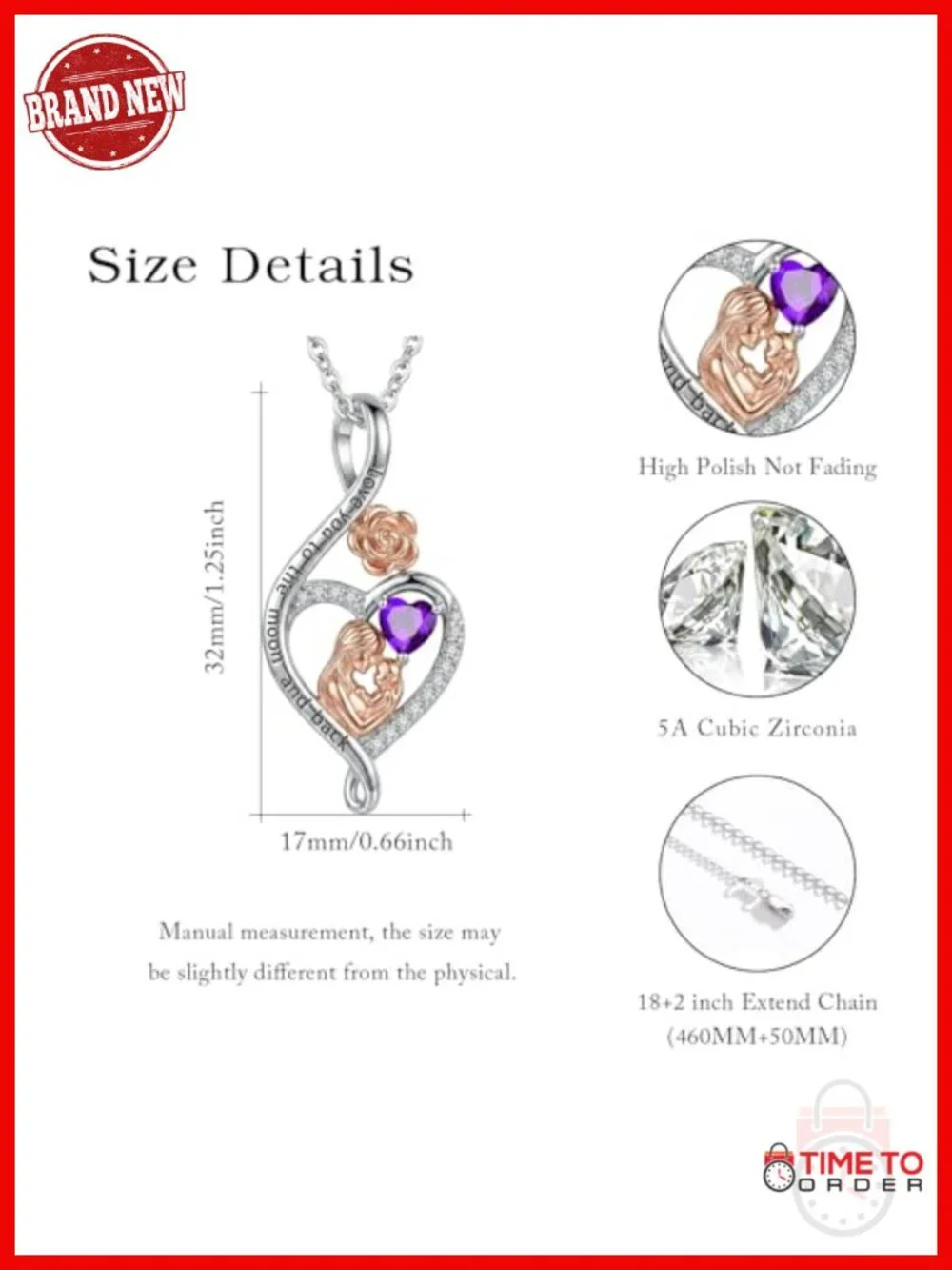 Rose Heart Infinity Birthstone Pendant Necklace Mother's Day Jewelry Brass